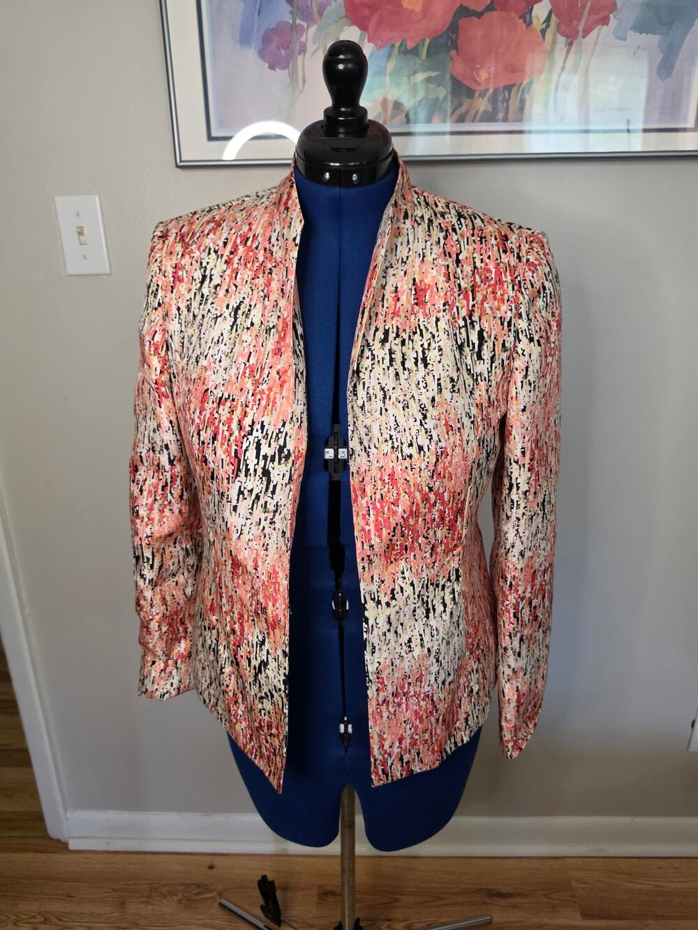 Kasper 10P Abstract Print Open Front Blazer Jacket Pink Coral Black